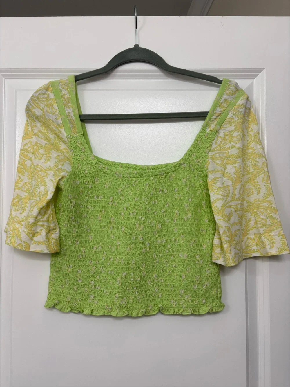 Free People Lime Green Smocked Crop Top with Yellow Floral Puff Sleeves
